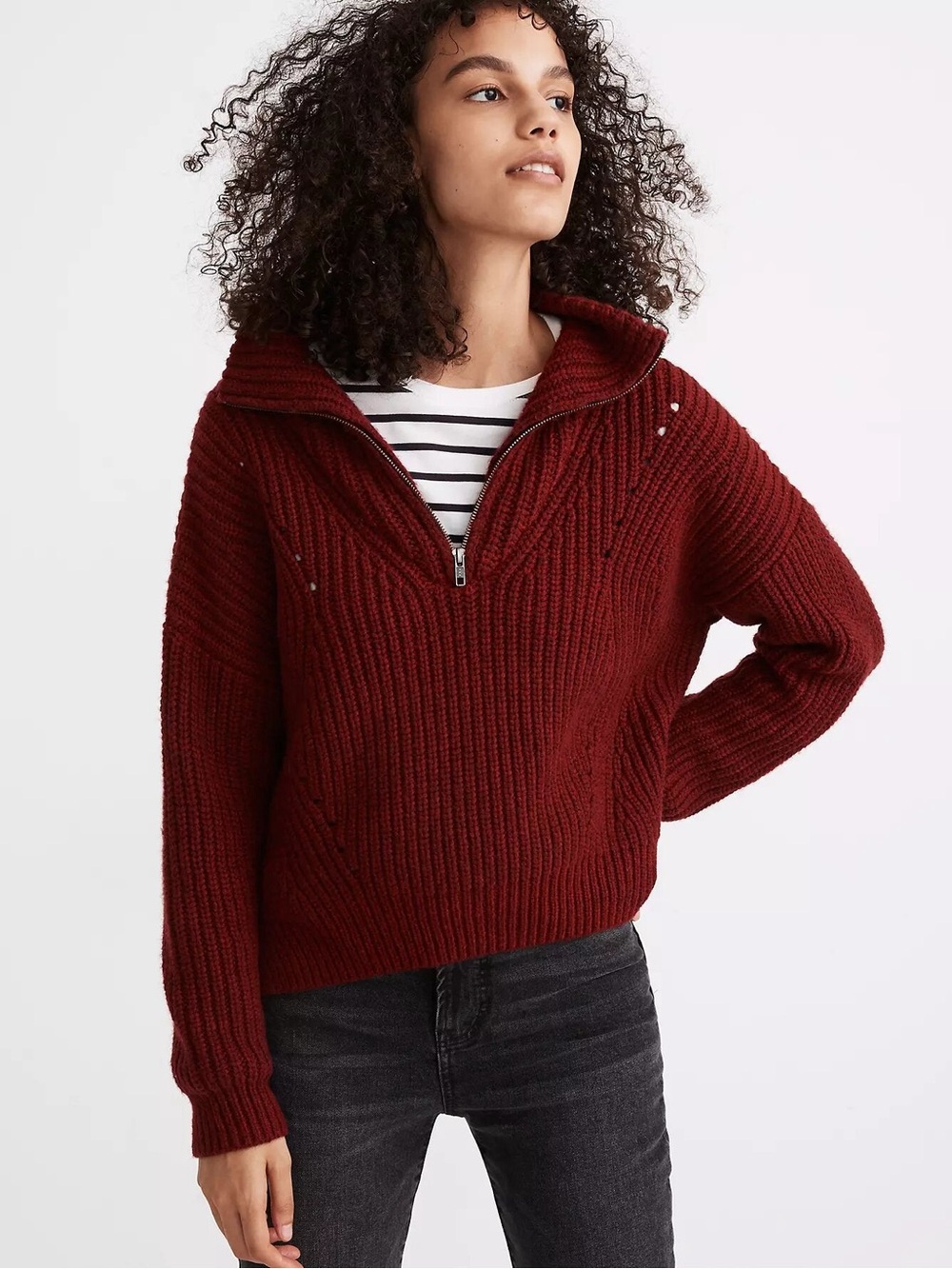 Madewell Pointelle Half-Zip Chunky Rib Knit Sweater